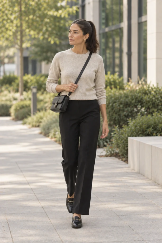 Pull-on ponte trousers and a fine knit, a comfortable alternative to leggings in work outfits