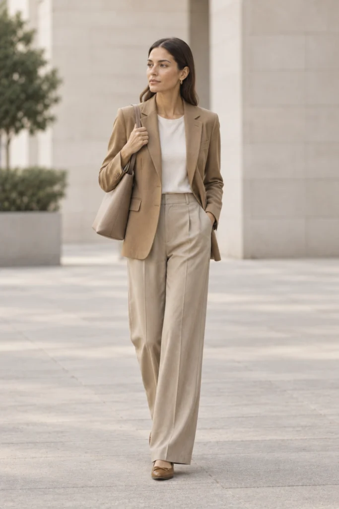 Tonal beige trousers with a tan blazer, a calm neutral take on work outfits