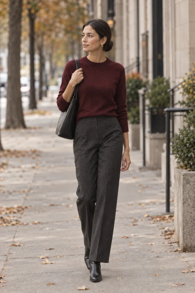 Wine red sweater with charcoal trousers, a rich fall color for work outfits