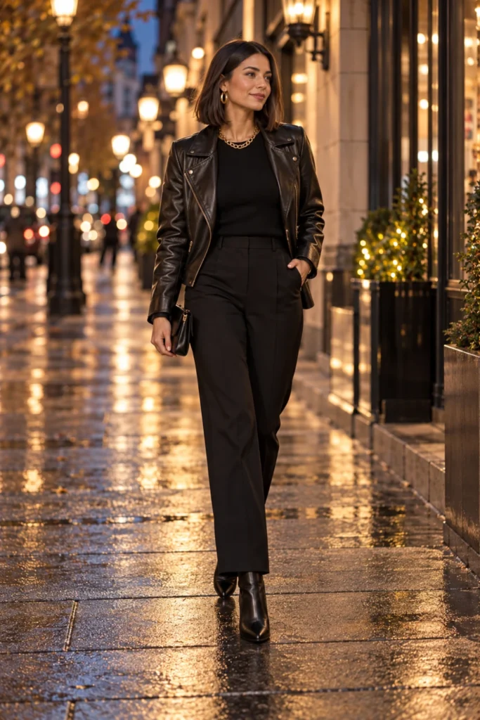 Woman in all-black layers with a jacket, ankle boots and gold jewelry, a sleek 50 degree weather outfit for a night out