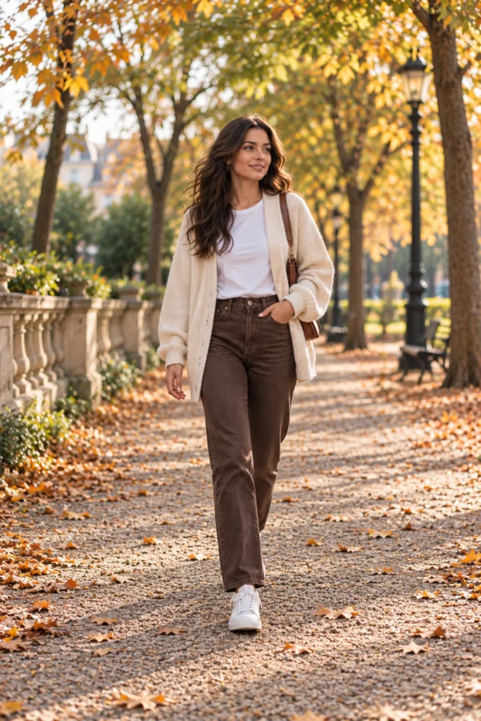 Woman in a cream cardigan, white tee and brown straight-leg jeans, an easy 50 degree weather outfit for a park walk