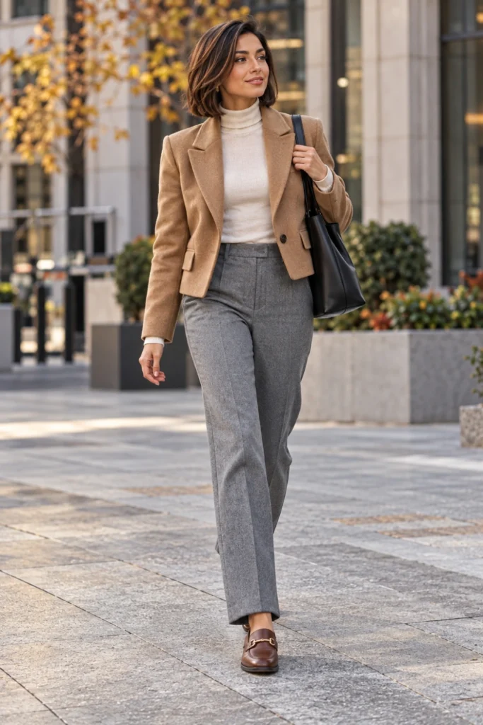 Woman in a camel cropped blazer, thin turtleneck and tailored trousers, a polished 50 degree weather outfit for work