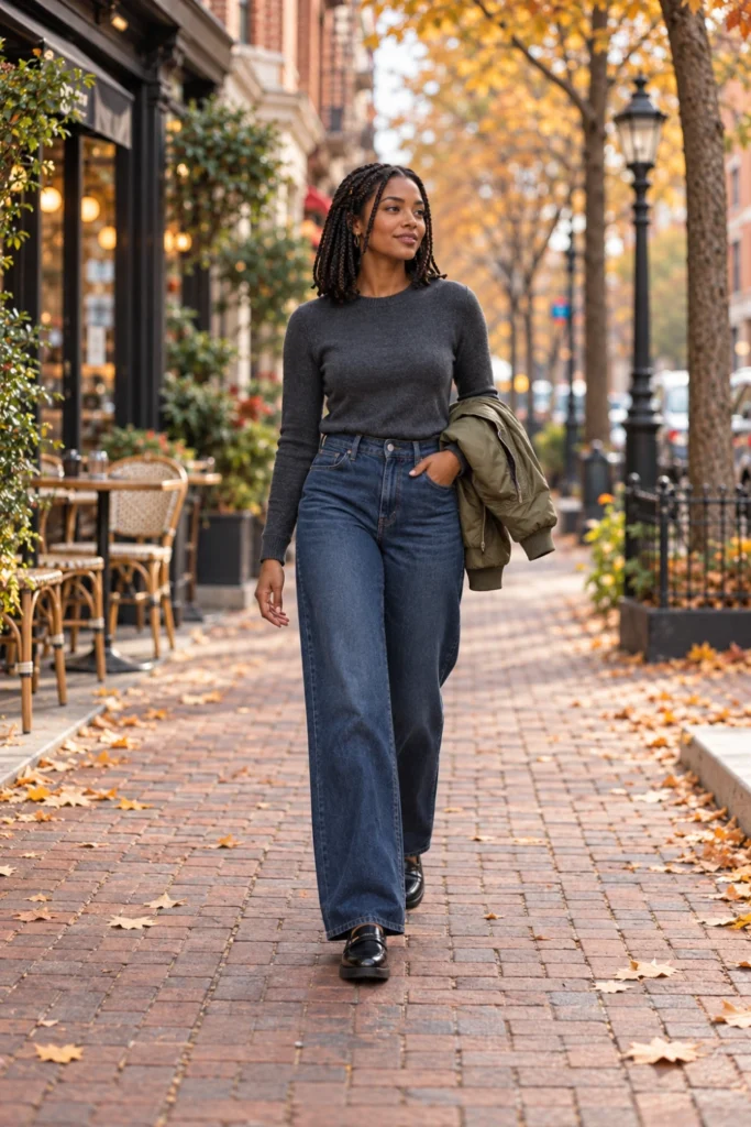 Woman wearing dark wash wide-leg jeans, a fitted knit sweater and loafers, a modern 50 degree weather outfit