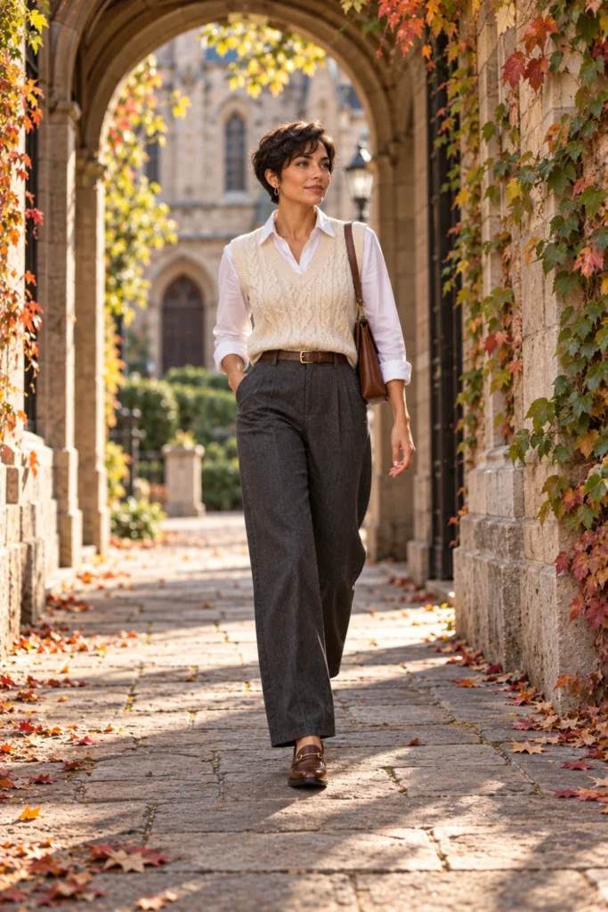 Woman in a knit sweater vest, white button-down and wide-leg trousers, a preppy 50 degree weather outfit