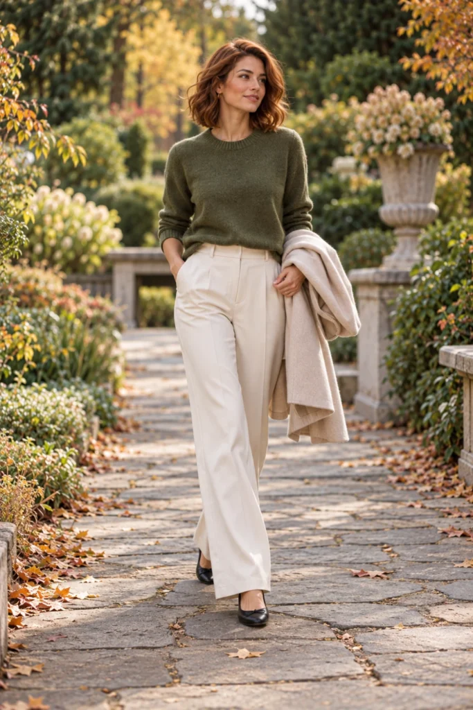 Woman in a moss green sweater, cream trousers and high-vamp flats, a fresh 50 degree weather outfit with a 2026 color