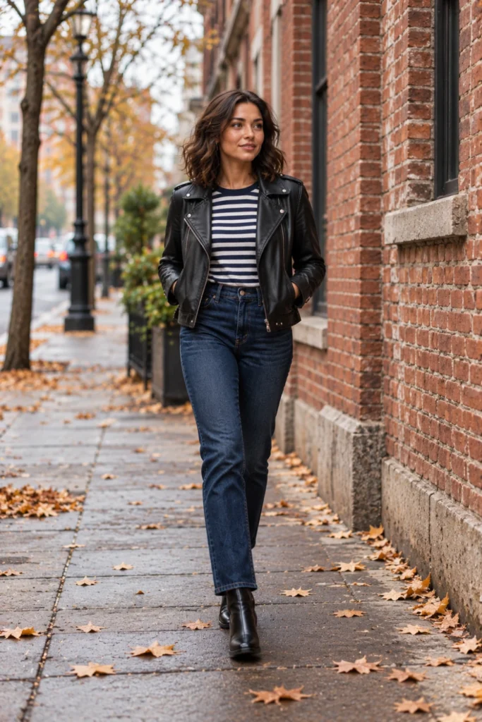 Woman in a black moto jacket, Breton striped top and dark denim with ankle boots, an edgy 50 degree weather outfit