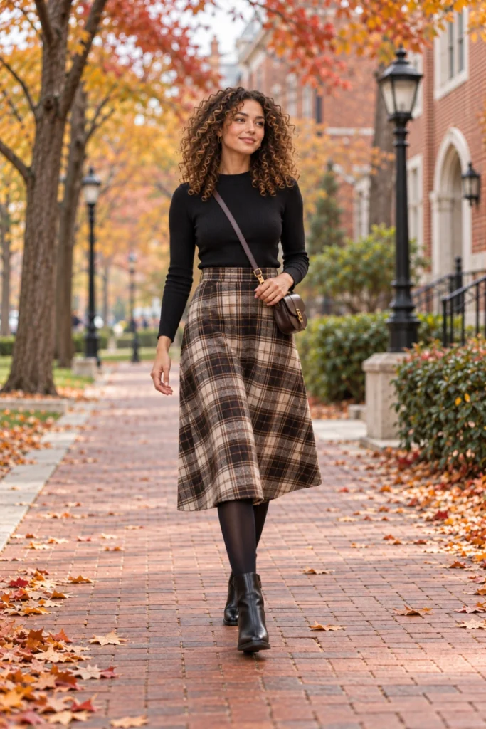 Woman in a plaid midi skirt, fitted knit top, opaque tights and ankle boots, a stylish 50 degree weather outfit