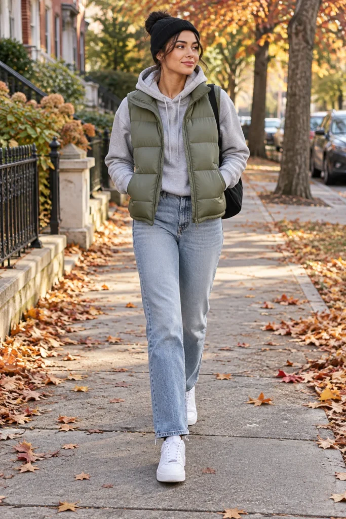 Woman in a lightweight puffer vest, hoodie and straight jeans, a casual 50 degree weather outfit for weekend errands