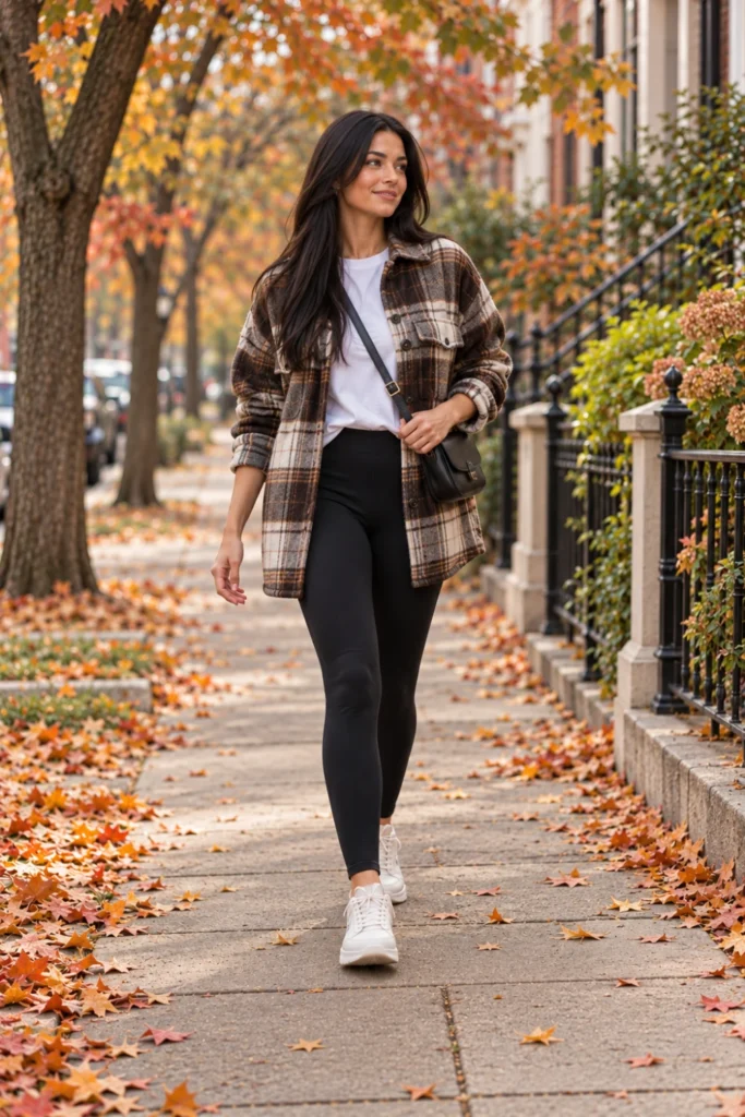 Woman in an oversized shacket, black leggings and white sneakers, a comfy 50 degree weather outfit