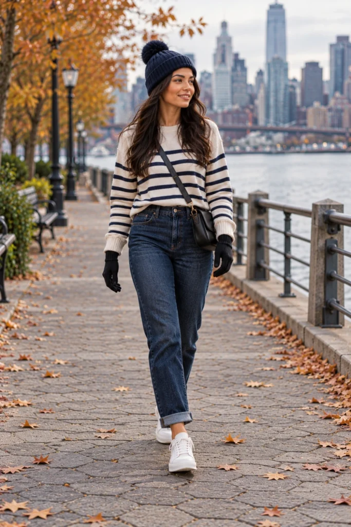 Woman in a striped long-sleeve top, knit beanie, dark jeans and light gloves, a casual 50 degree weather outfit for a city walk