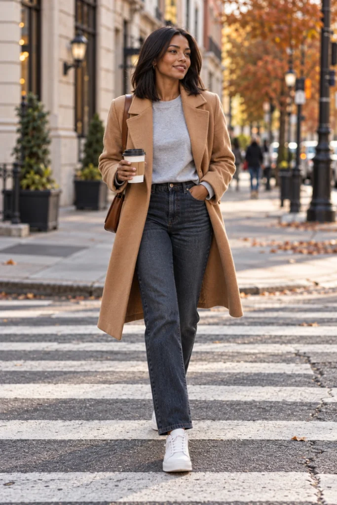 Woman in a camel structured coat over a grey sweatshirt with dark jeans, a polished casual 50 degree weather outfit