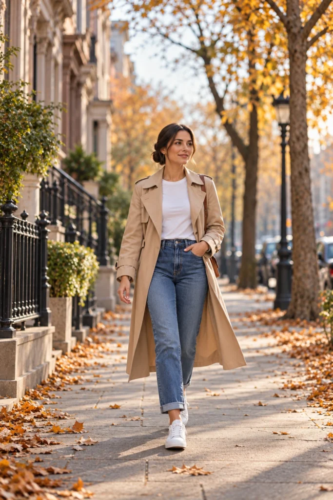 Woman in a beige trench coat, fitted white tee and straight jeans, a classic 50 degree weather outfit for windy mornings