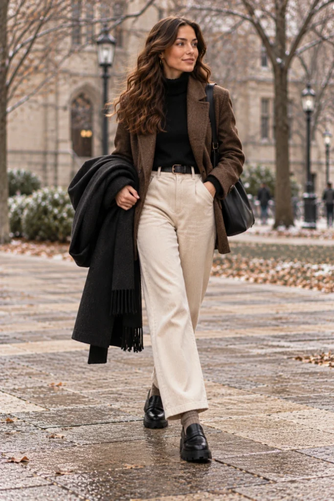 Brown blazer with a turtleneck and corduroy pants, an easy class or office idea for cold weather outfits