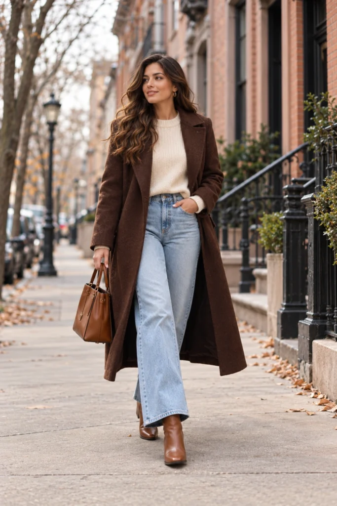 Chocolate brown coat with light wash wide-leg jeans, one of the best cold weather outfits for winter 2026