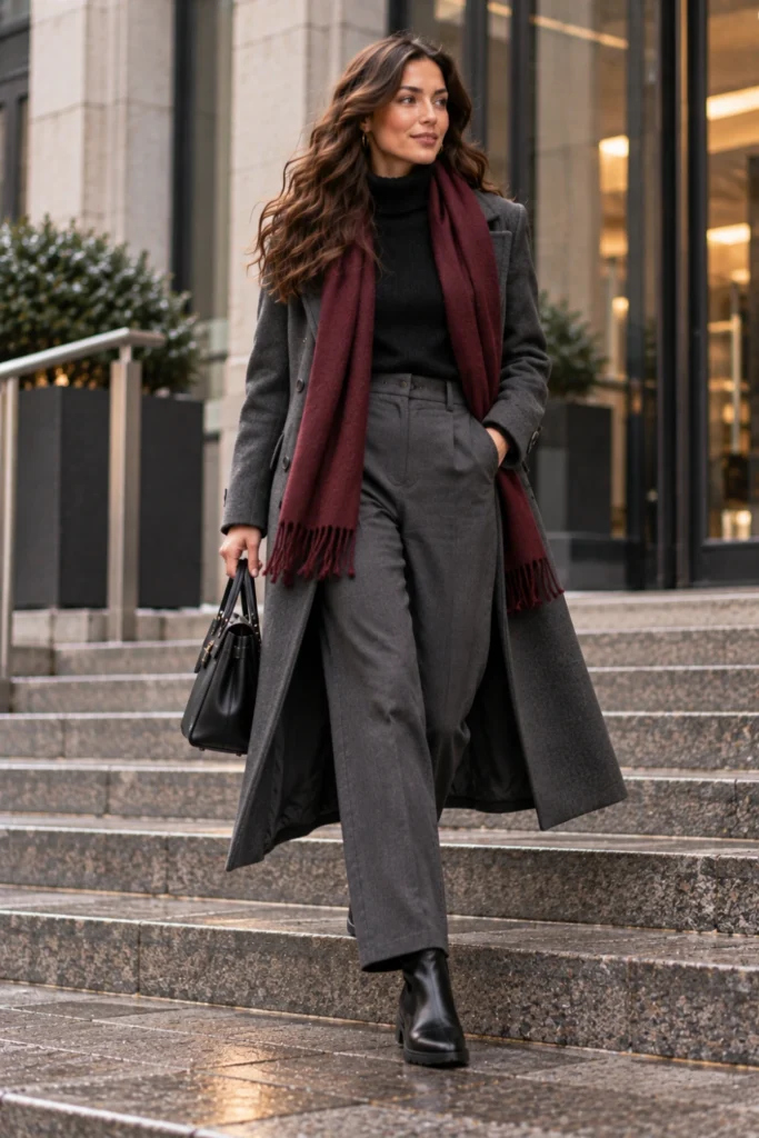 Tonal charcoal coat and tailored trousers with Chelsea boots, a polished work take on cold weather outfits
