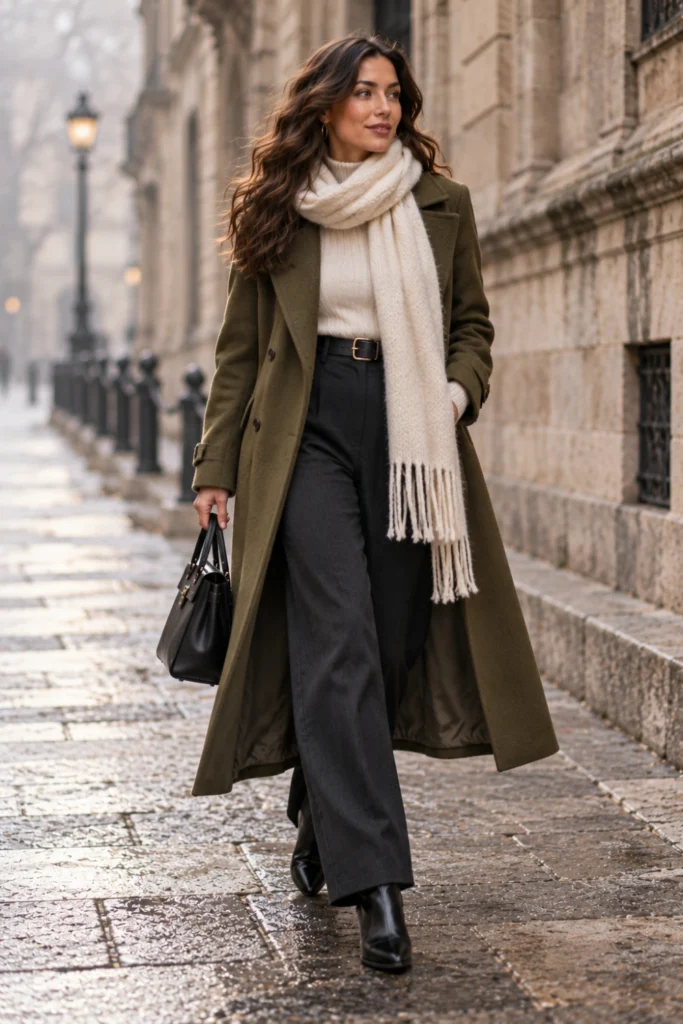 Long olive green coat with wide-leg trousers and a cream scarf, a moody option for cold weather outfits