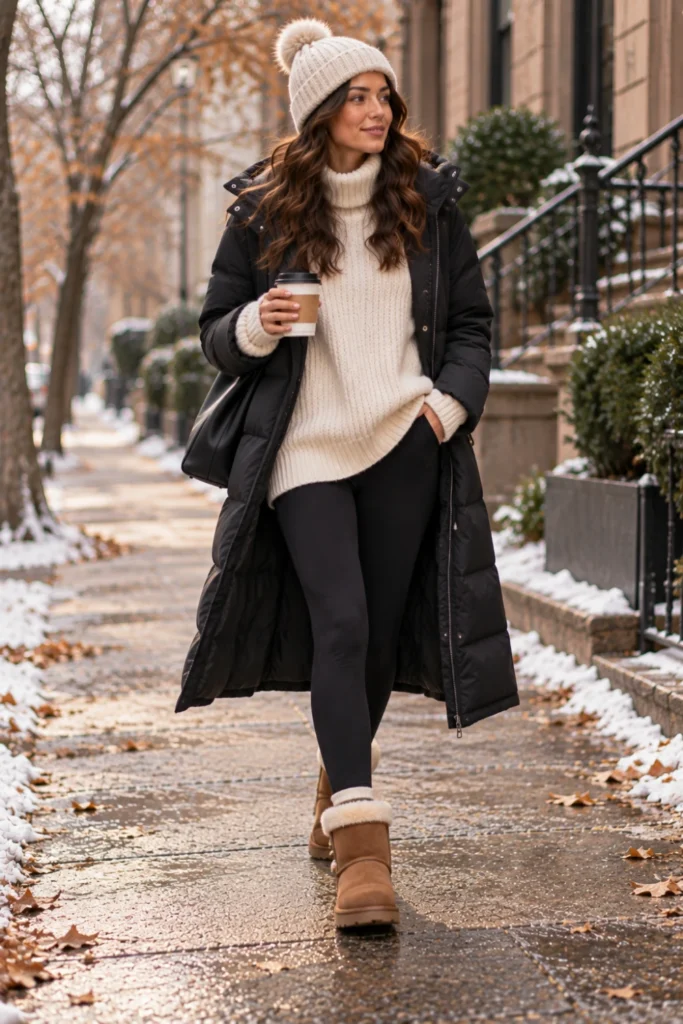 Oversized cream sweater with fleece leggings and cozy boots, a comfy errand look for cold weather outfits