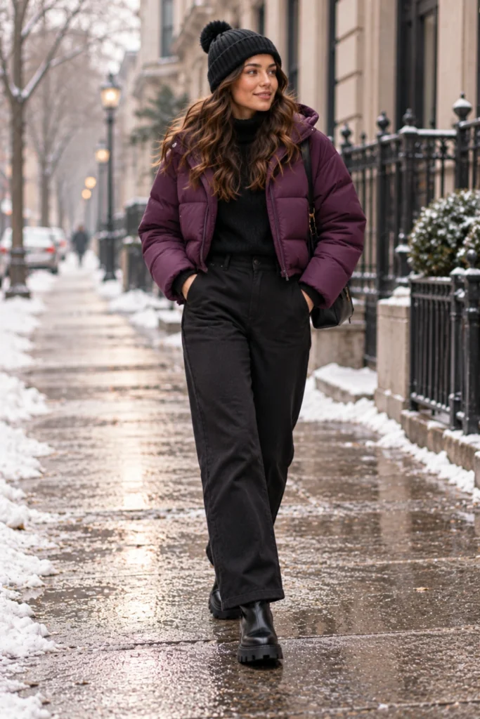 Plum cropped puffer coat with thermal trousers and lug-sole boots for very cold weather outfits