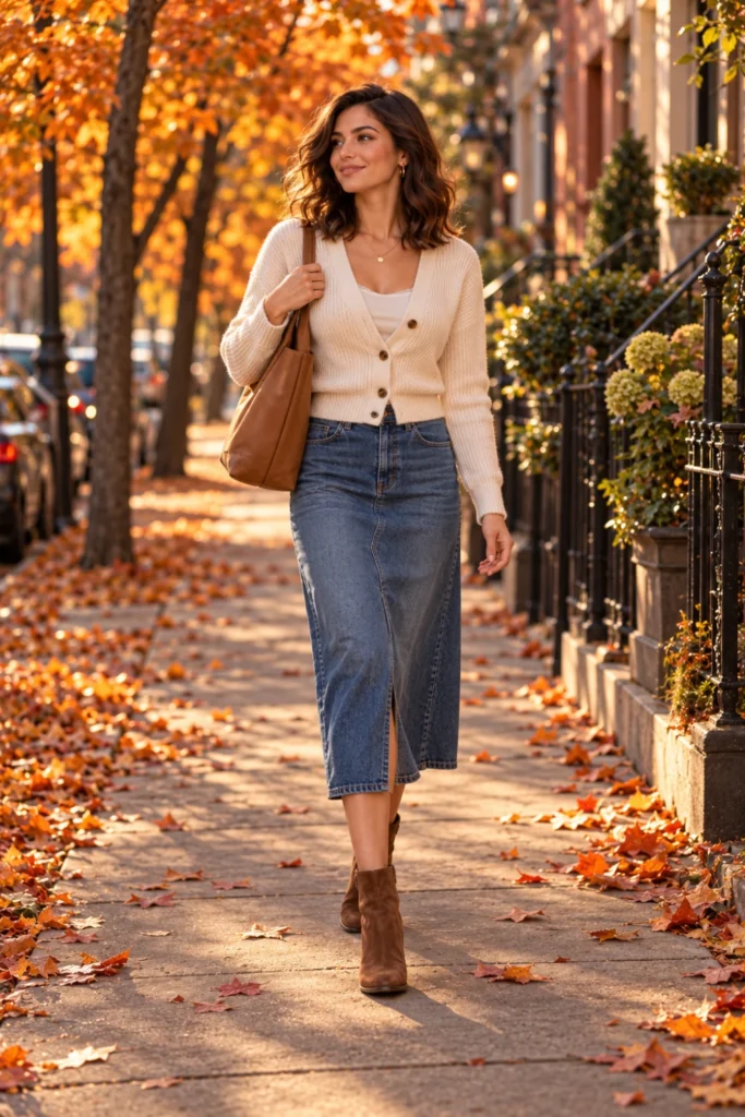 Relaxed fall dinner outfit of a cream cardigan, denim midi skirt, and brown suede ankle boots