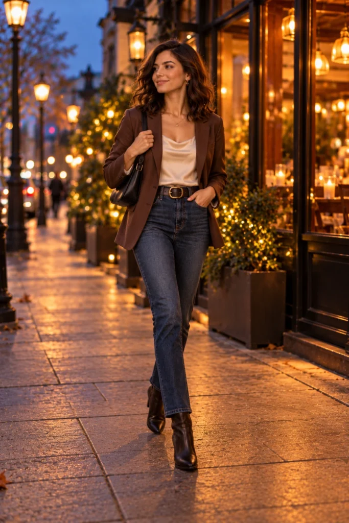 Smart casual fall dinner outfit with dark jeans, a satin cami, and a chocolate brown blazer