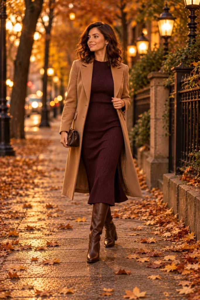 Pre-holiday fall dinner outfit with a plum midi dress, a camel coat, and block-heel boots