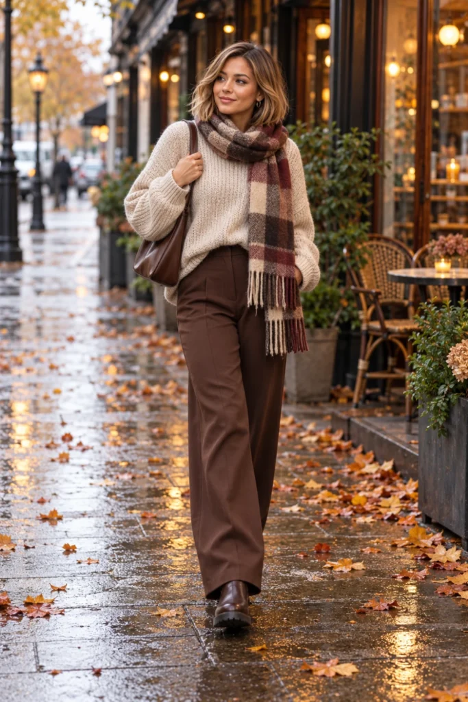 Chocolate wide-leg pants, oversized knit and plaid scarf for a rainy day outfit fall idea