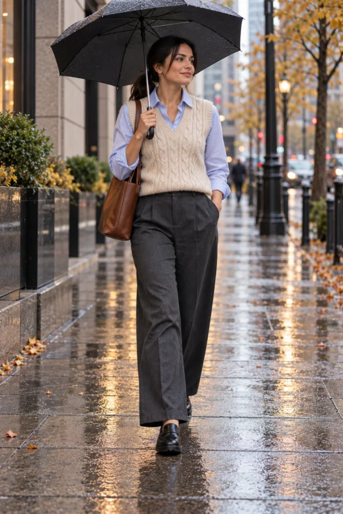 Rainy day outfit fall look for work: knit vest, blue button-down, charcoal trousers and waterproof loafers