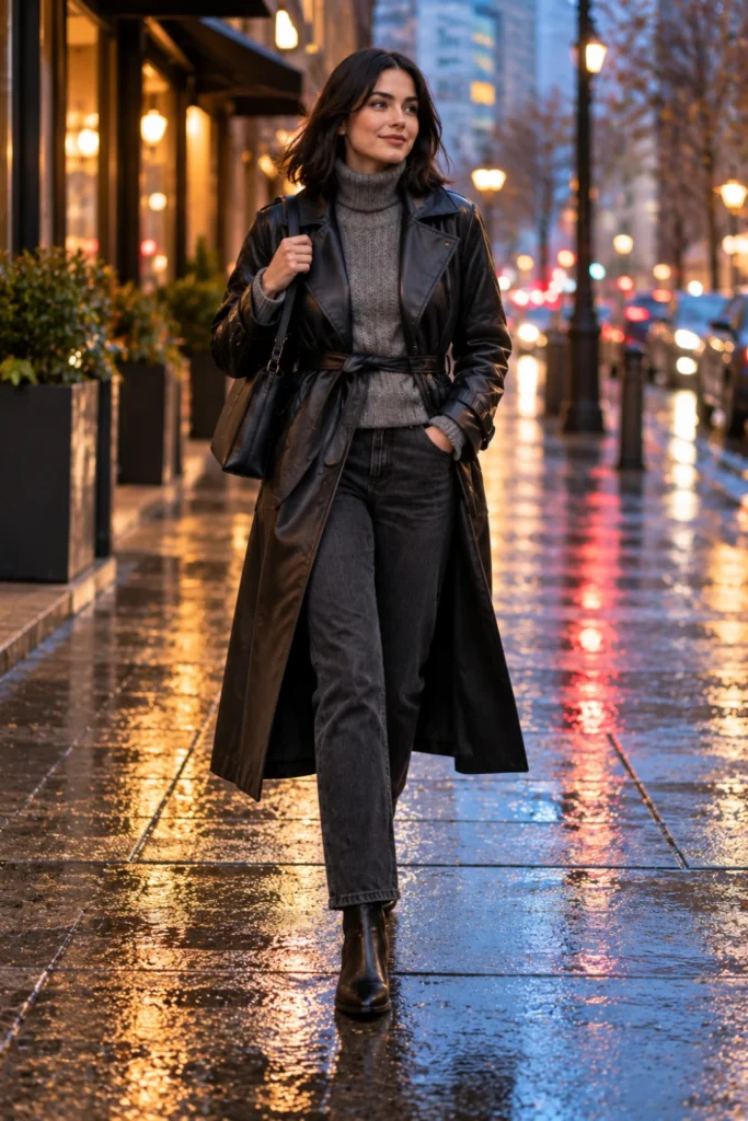 Rainy day outfit fall idea with a longline black faux leather coat, roll neck sweater, jeans and boots