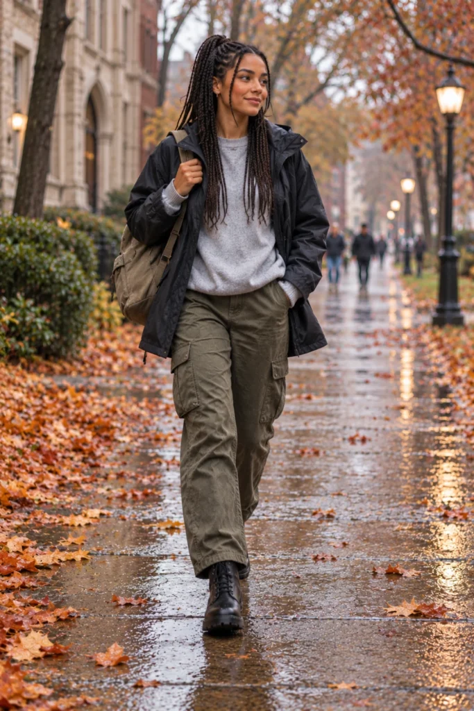 Olive cargo pants, gray sweatshirt and rain shell for a casual rainy day outfit fall idea