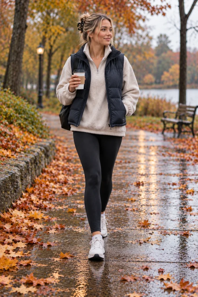 Puffer vest, fleece sweatshirt and black leggings for a comfy rainy day outfit fall look