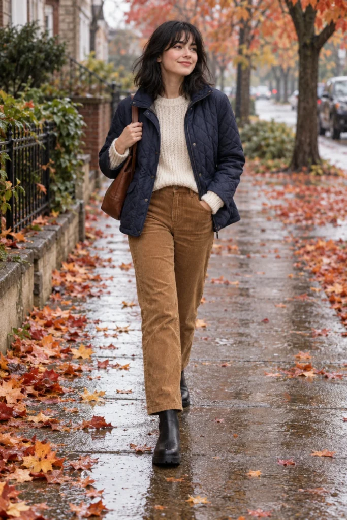 Quilted jacket, chunky cream sweater and corduroy pants make a cozy rainy day outfit fall look