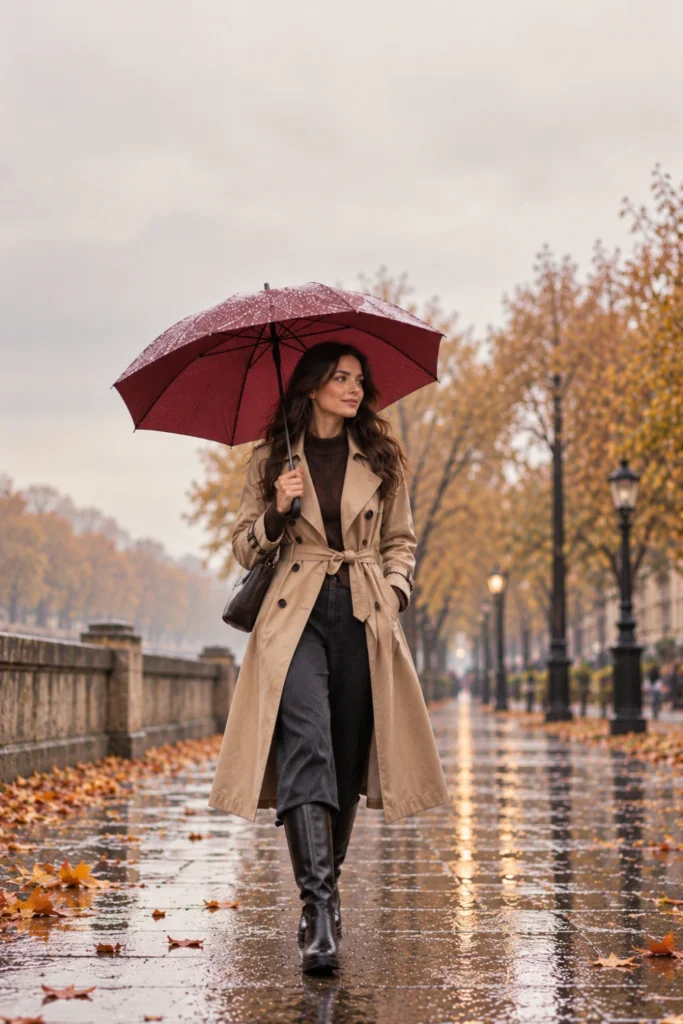 Rainy day outfit fall 2026: woman in a belted trench coat and chocolate knit walking under a burgundy umbrella