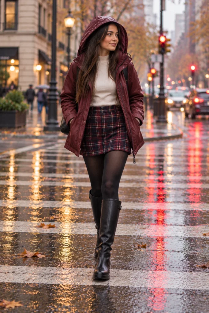 Rainy day outfit fall idea with a burgundy rain jacket, plaid mini skirt, black tights and tall boots