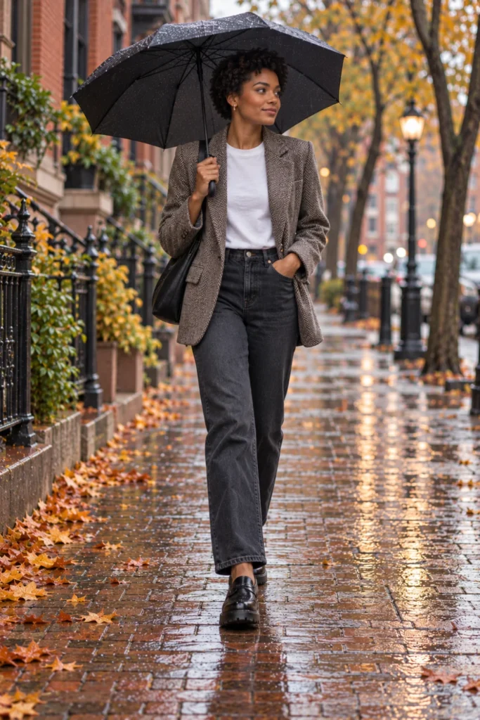 Herringbone blazer, white tee, dark jeans and lug-sole loafers styled as a rainy day outfit fall idea