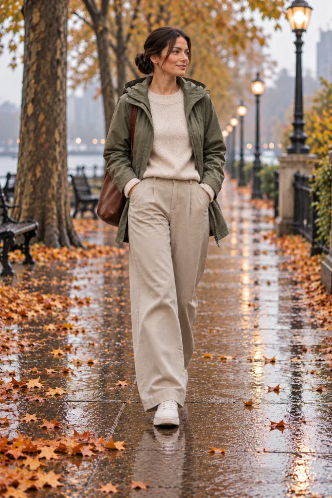 Rainy day outfit fall look with a sage rain jacket, oatmeal sweater, wide-leg trousers and waterproof sneakers