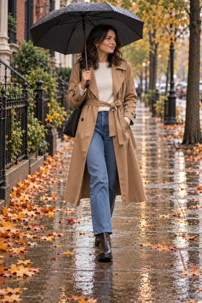 Rainy Day Outfits for Fall ideas: camel trench coat, ivory ribbed knit, straight-leg jeans and Chelsea boots on a leafy street