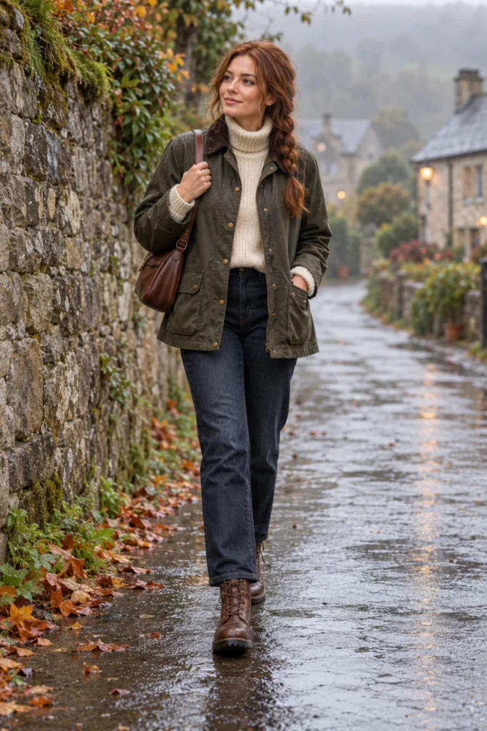 Olive waxed barn jacket with turtleneck and dark jeans, a cozy rainy day outfit fall look